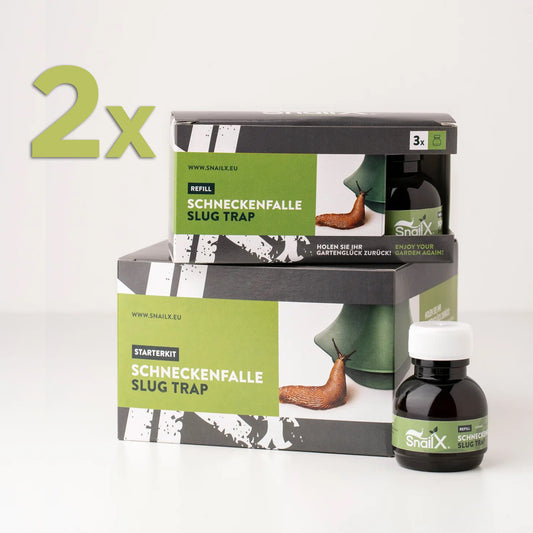 JETZT NEU! SnailX Sommer-Sorglos-Paket: 2 Schneckenfallen Starter-Sets + 2 Lockstoff Refill-Sets zum Sparpreis und mit GRATIS Versand